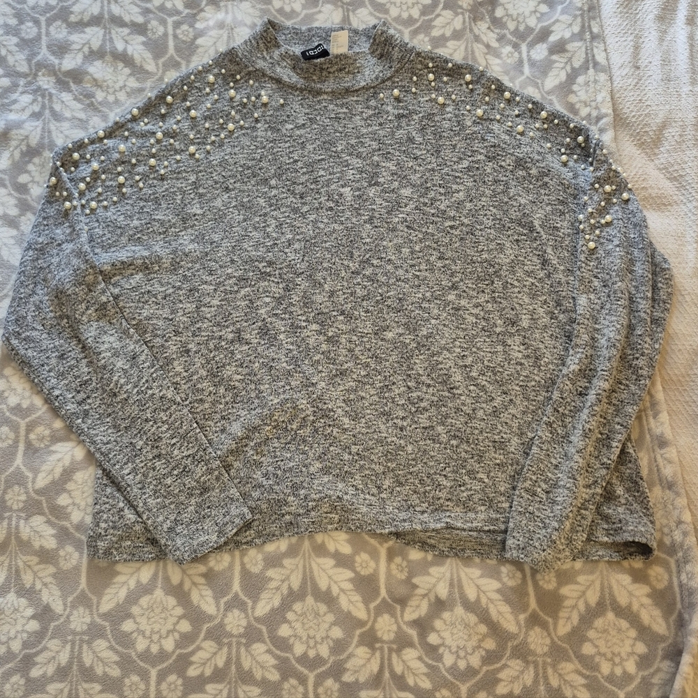 Gray Sweater with Pearl Embellishments